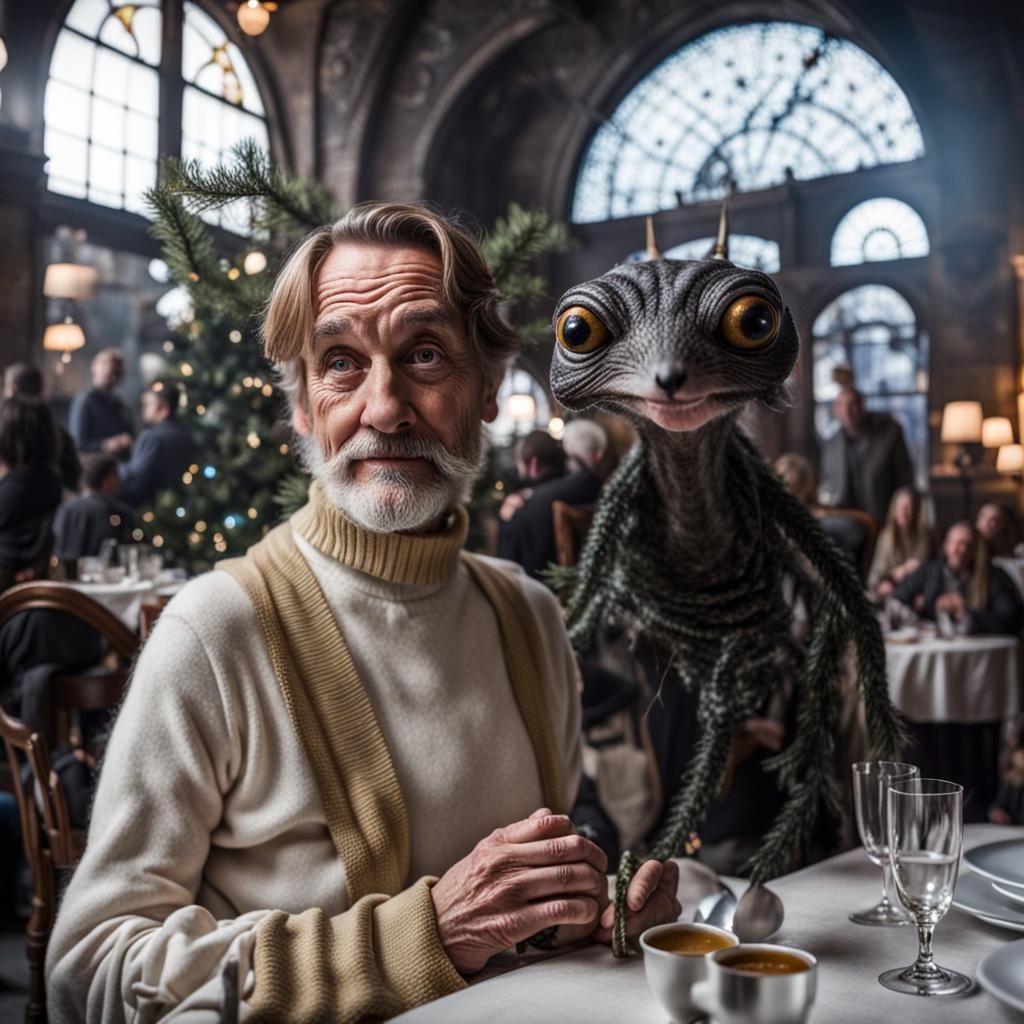 Surreal Restaurant with Exotic Aliens Celebrating