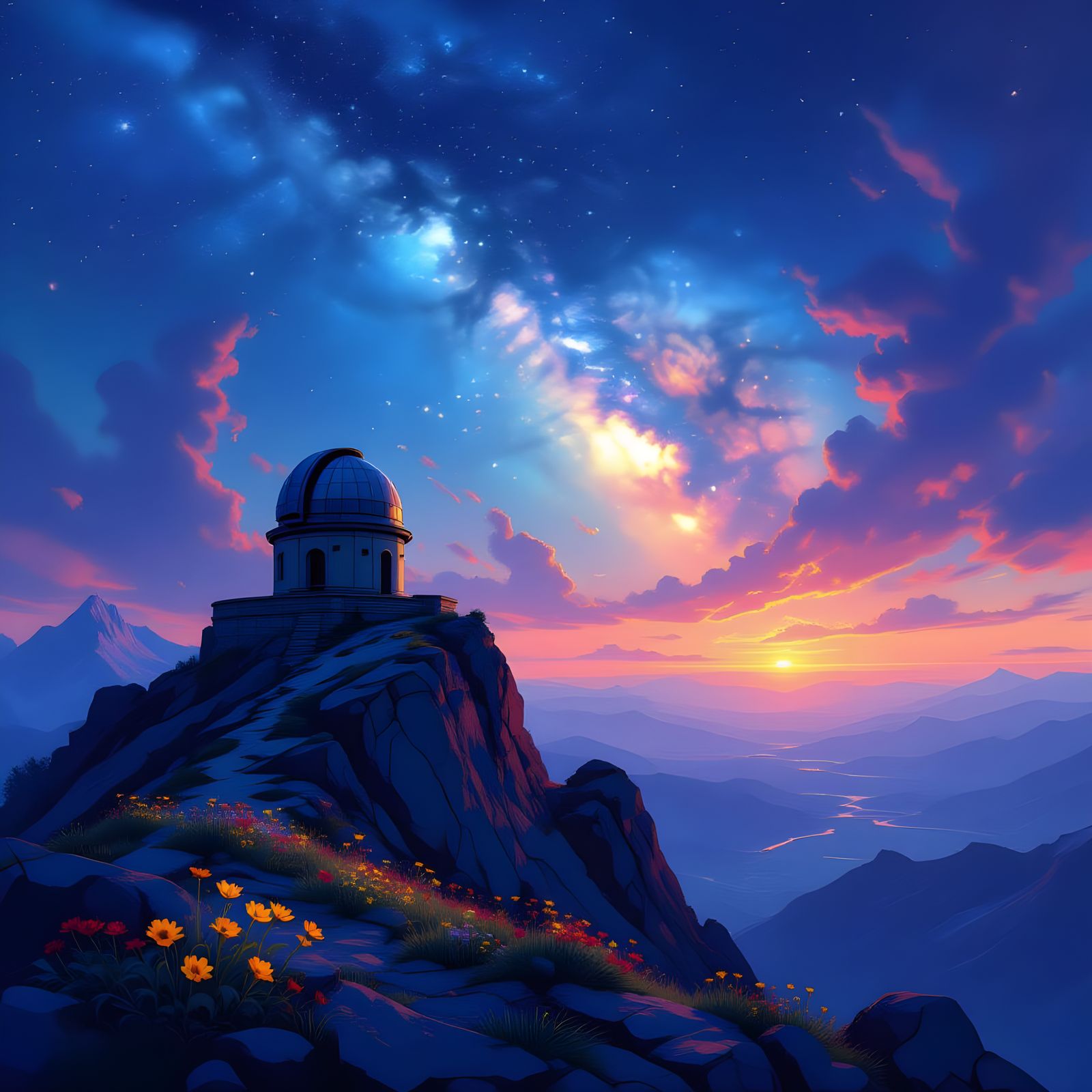 Post-Apocalyptic Observatory on Mountain Peak Under Nebula S...