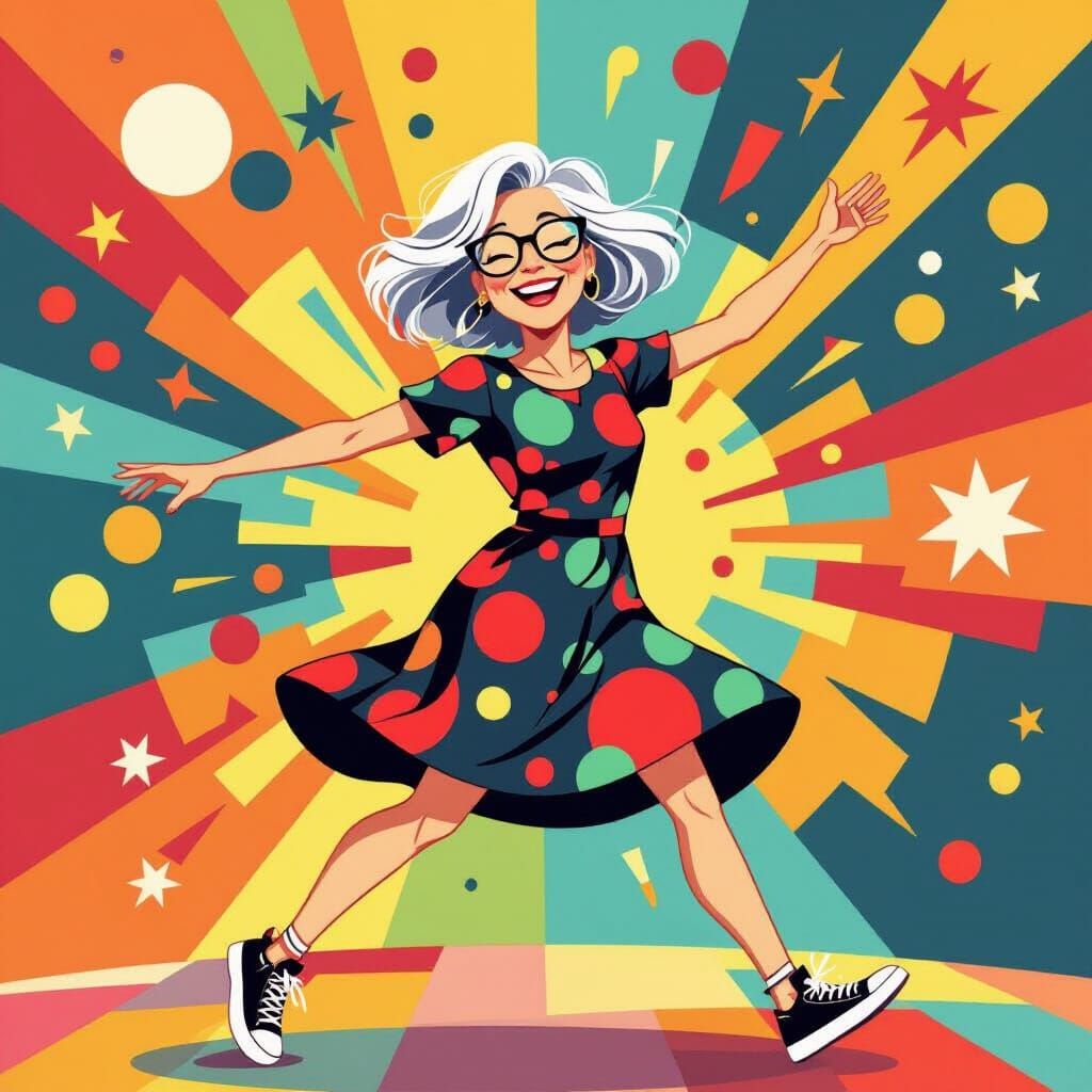 Joyful 70-Year-Old Woman Dancing in Vibrant Style