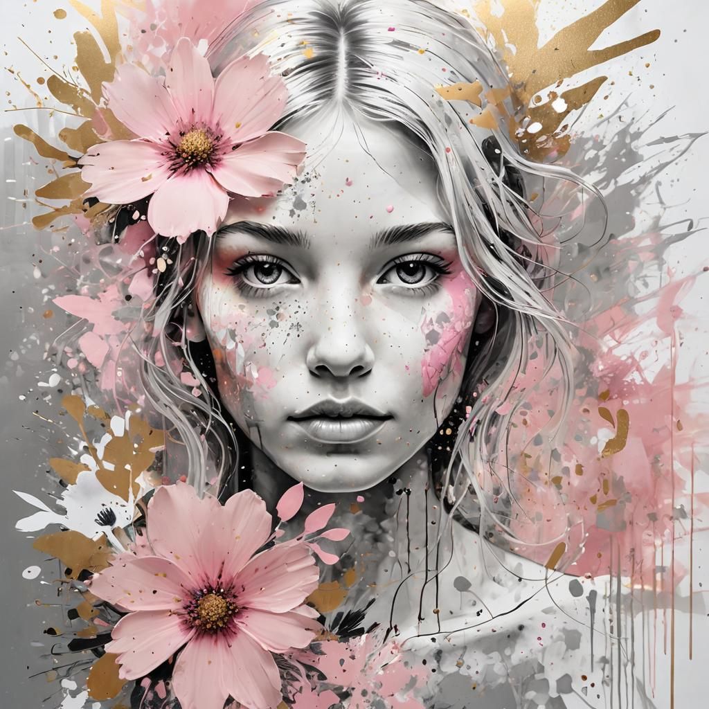 Abstract Floral Portrait in Ink Splatter Art