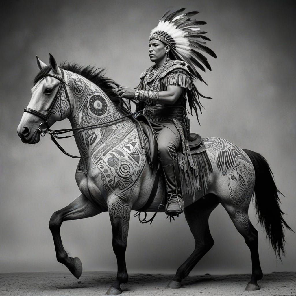 Stoic Native American Warrior Rides Majestic Painted Horse i...
