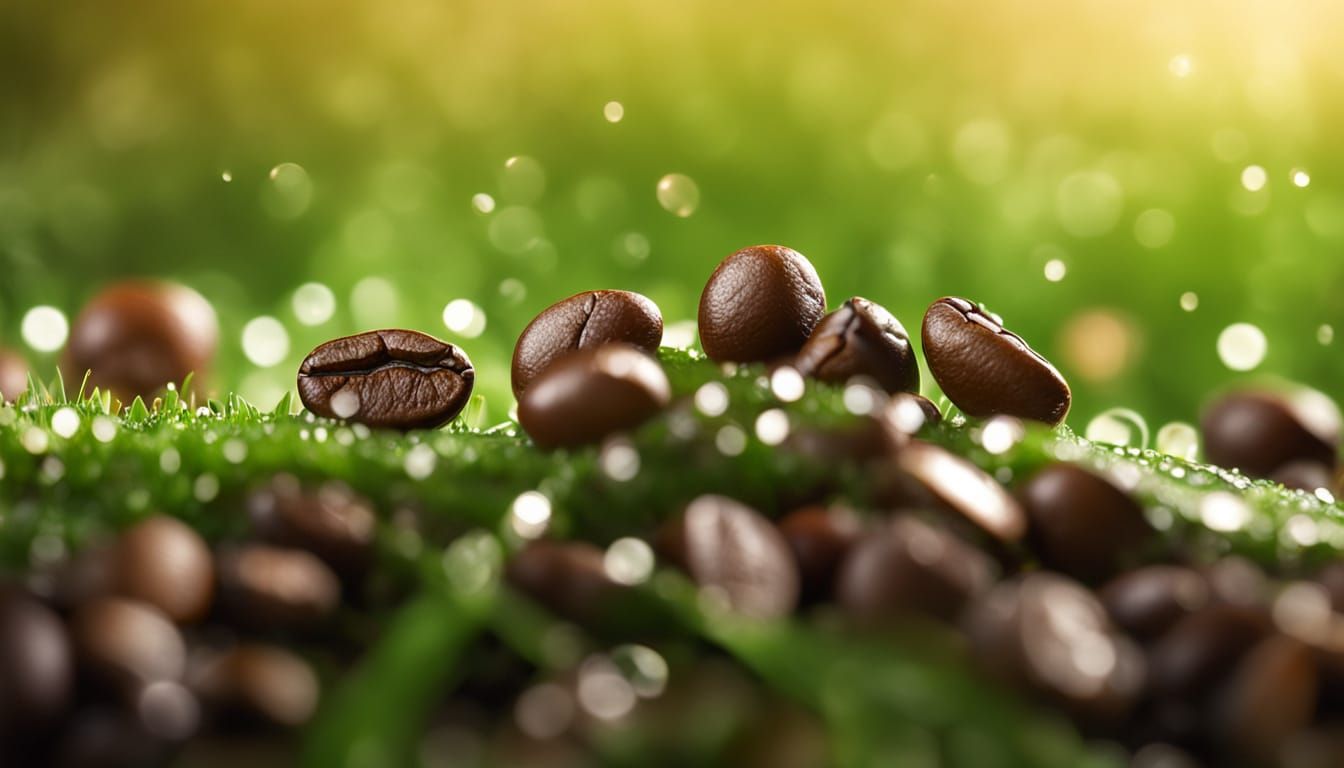 Dewy Coffee Beans and Grass Macro Photography