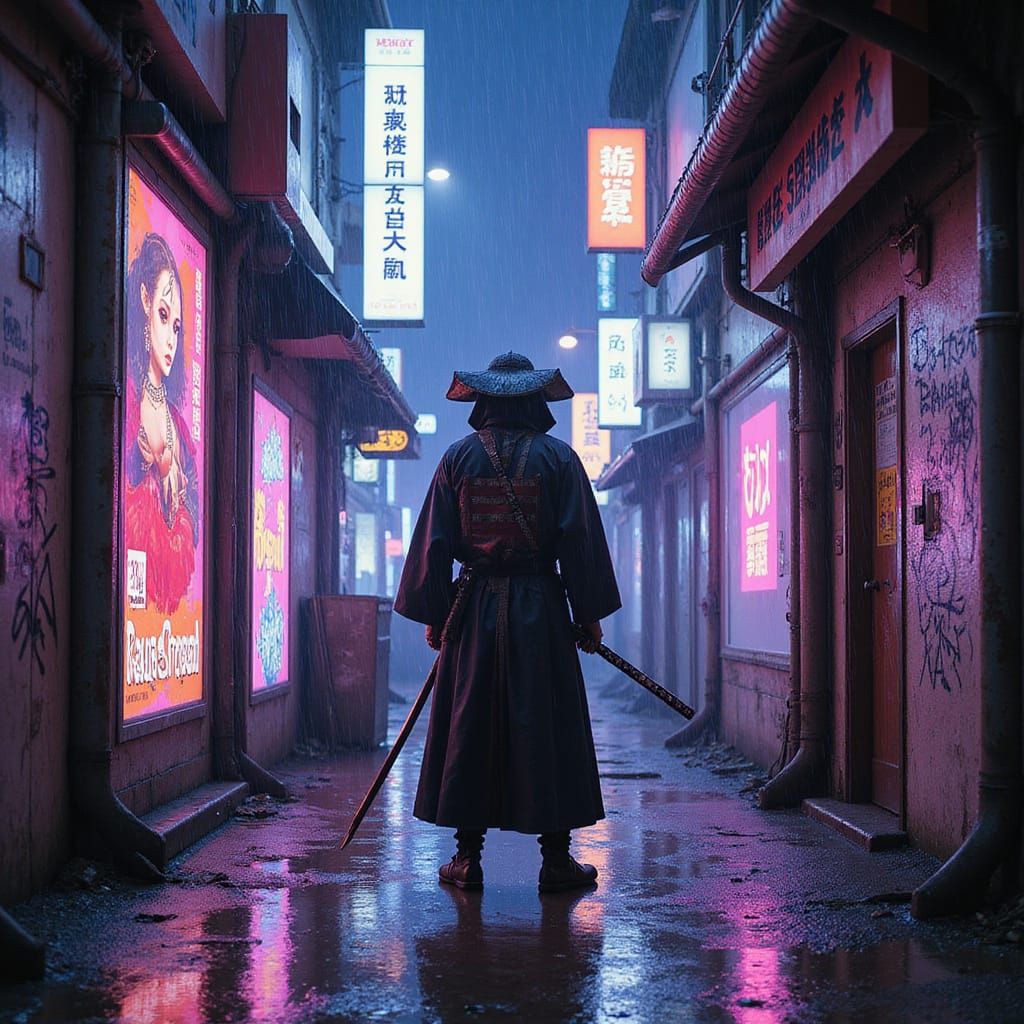 Cyberpunk Samurai Warrior in Neon Alleyway