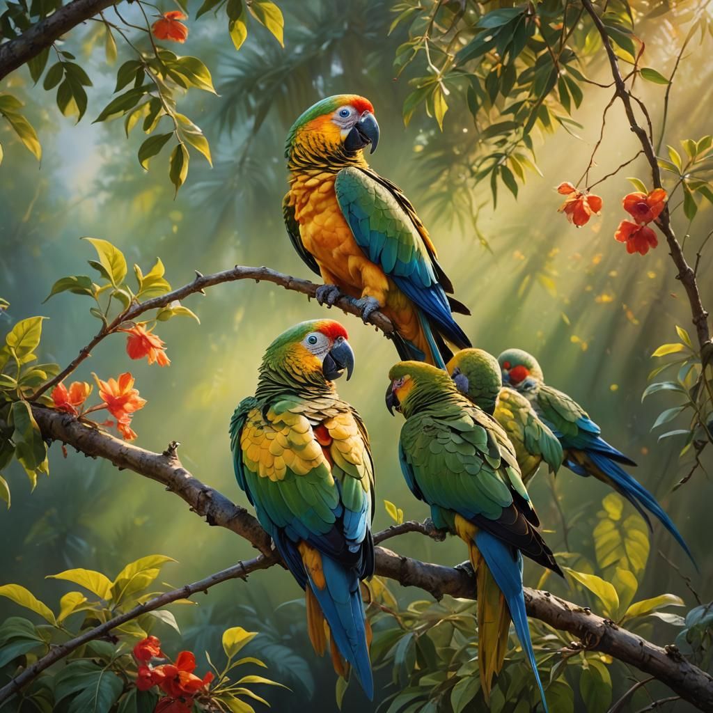 Parrots in Sunlight: An Oil Painting Masterpiece