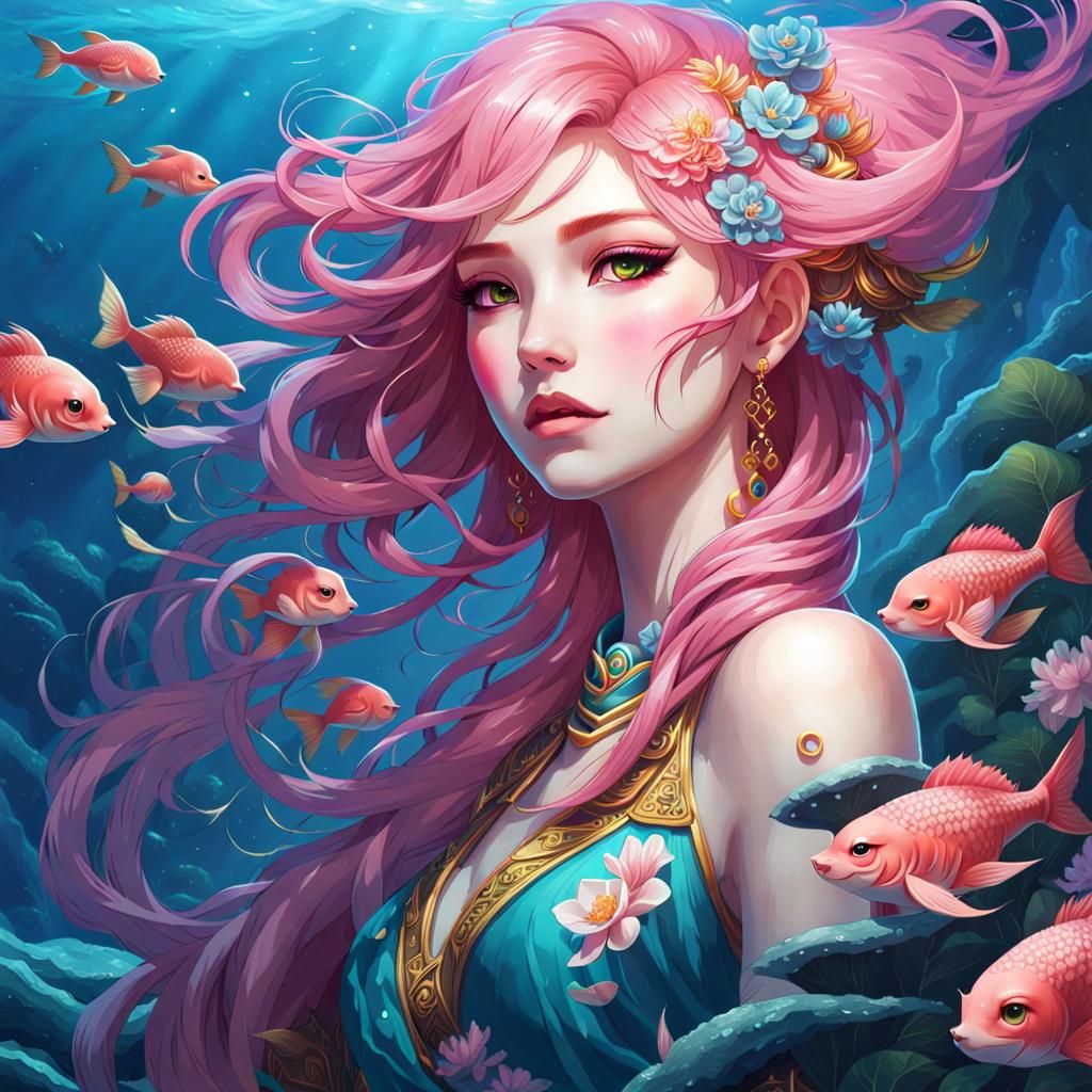 Pink-Haired Girl in Water: Fantasy Art Portrait