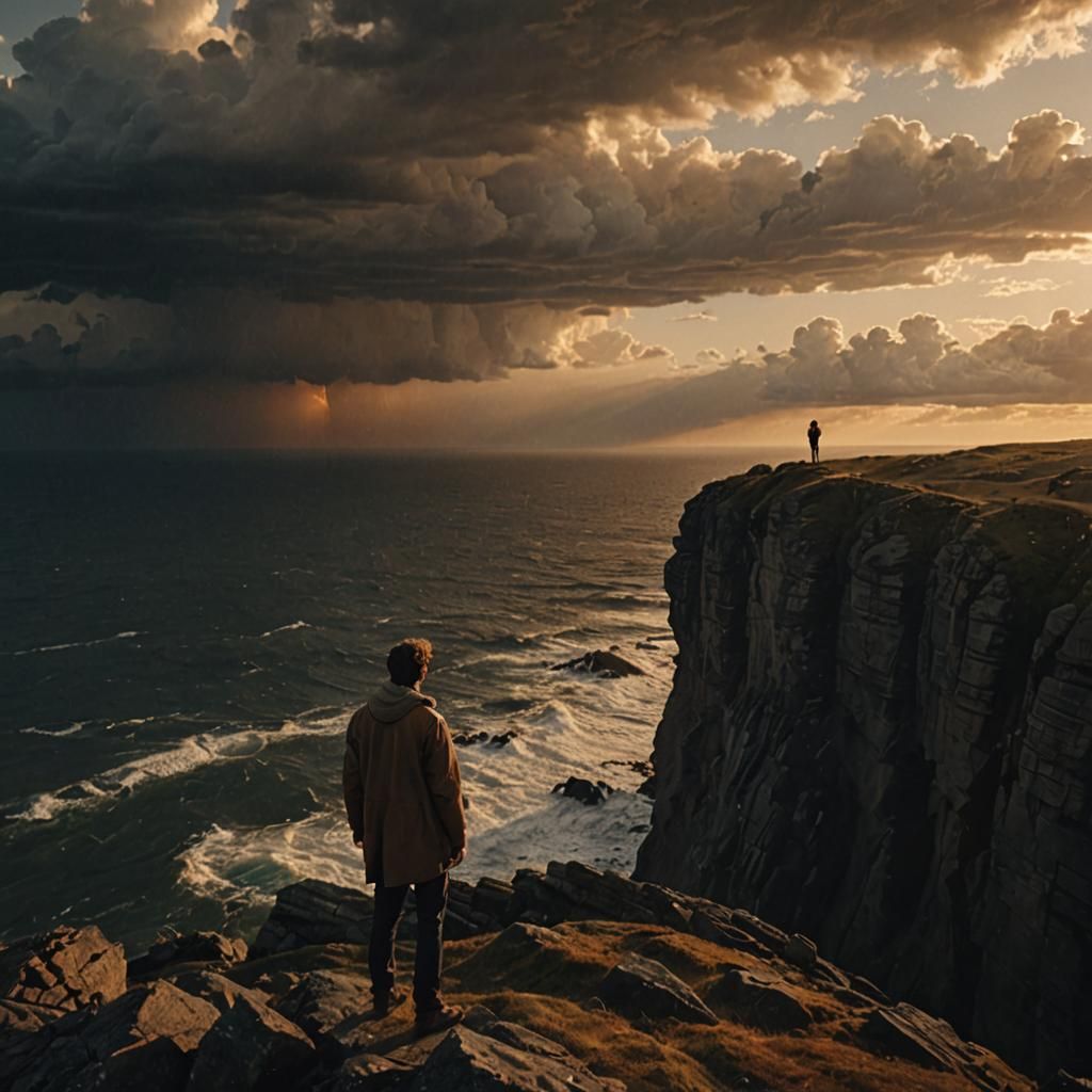 Dramatic Figure Gazing at Stormy Horizon