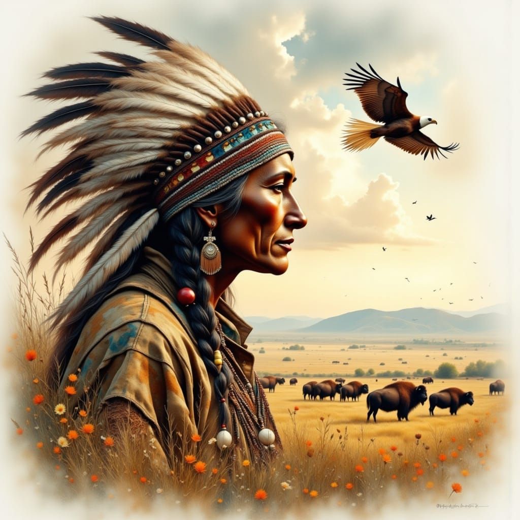 A double exposure image featuring a profile of an aging Native American man wearing a traditional feather and beaded hea...