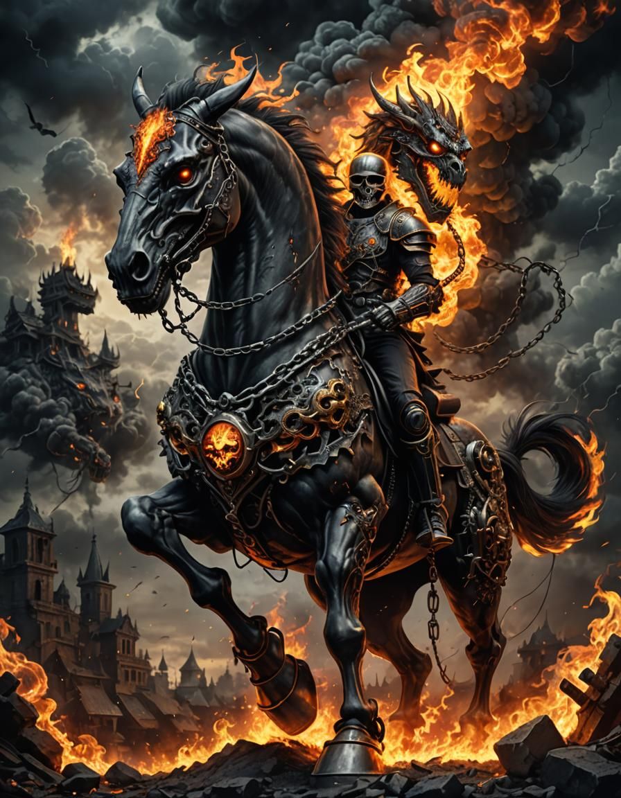 Skull Rider on Robot Horse with Dragon, Digital Art