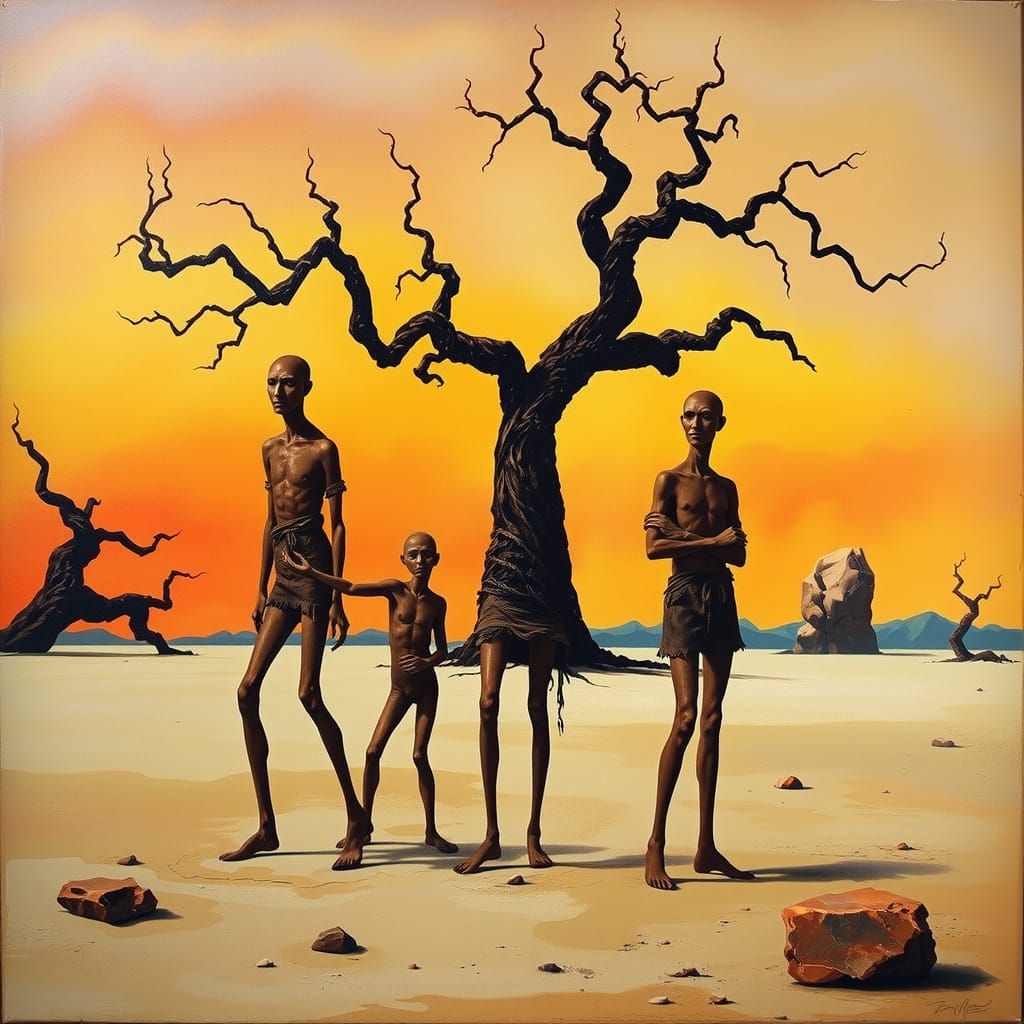 Surreal Dreamscapes with Elongated Figures in Earthy Hues