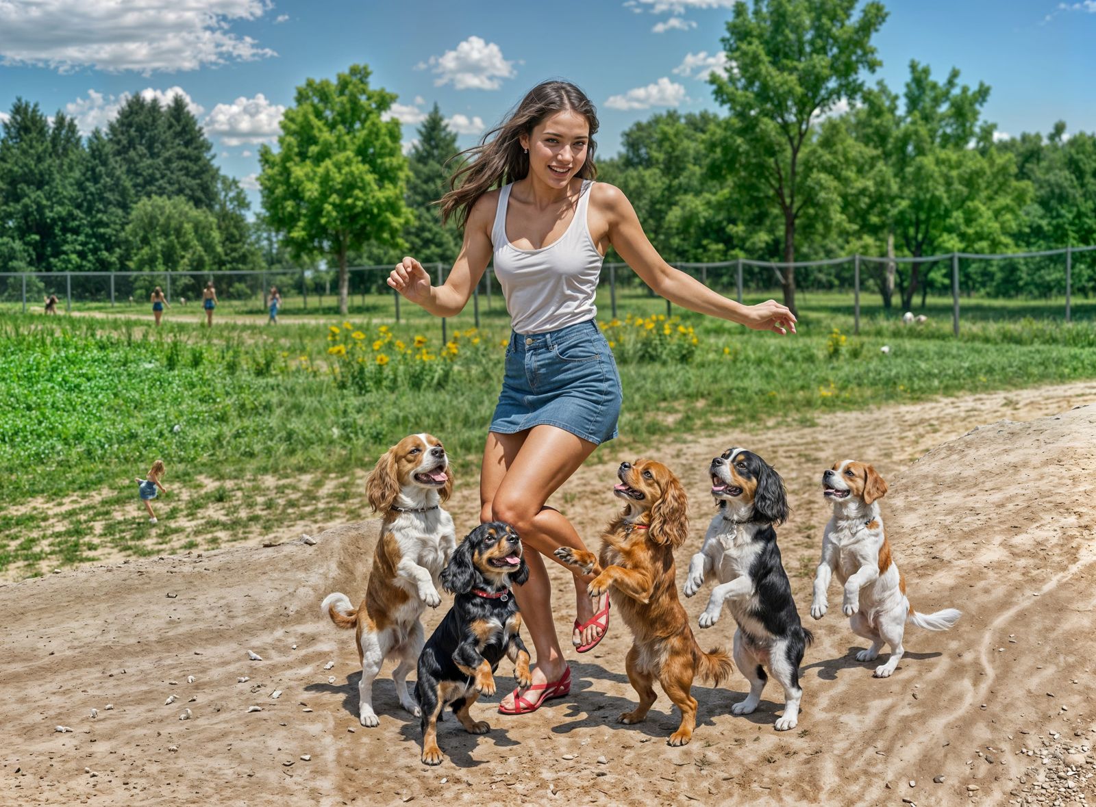 Woman Dancing with Dogs at Dog Park