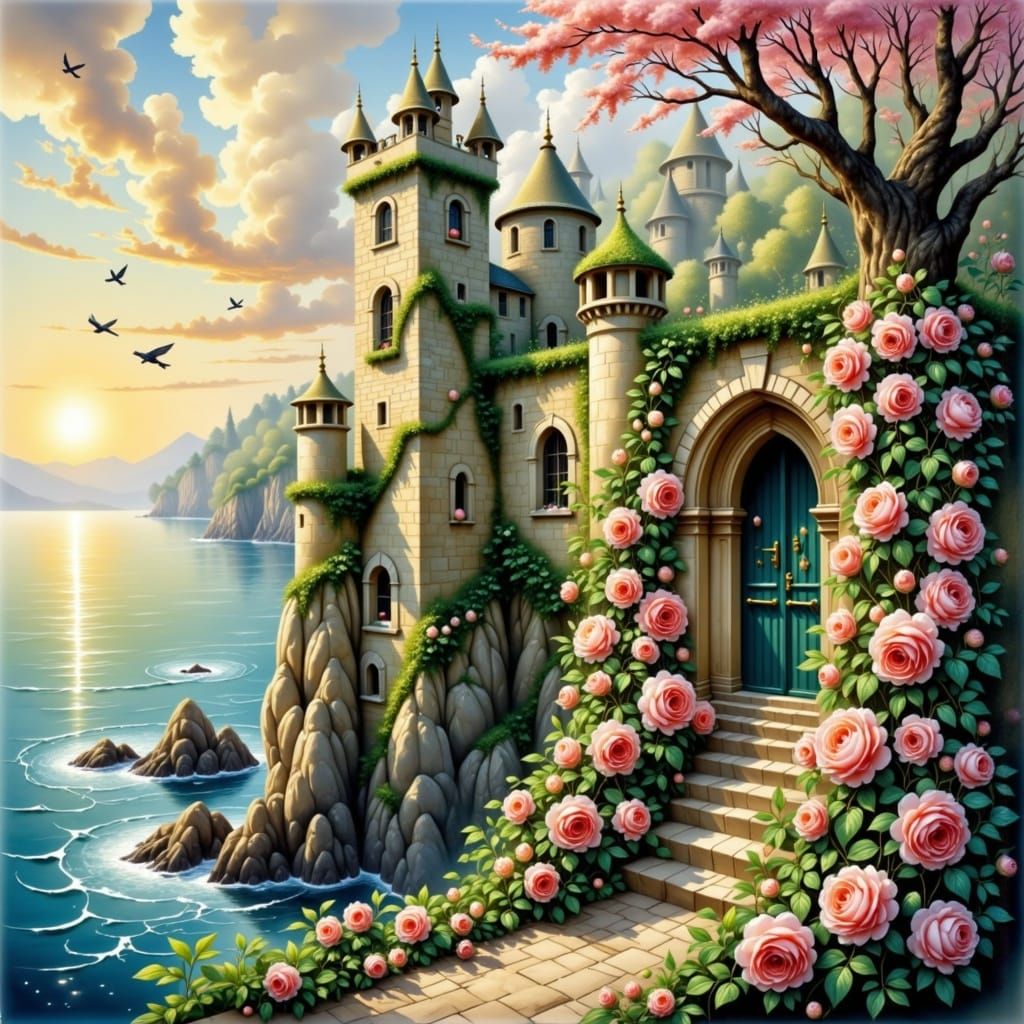 Mossy Castle on Cliff at Dawn in Springtime