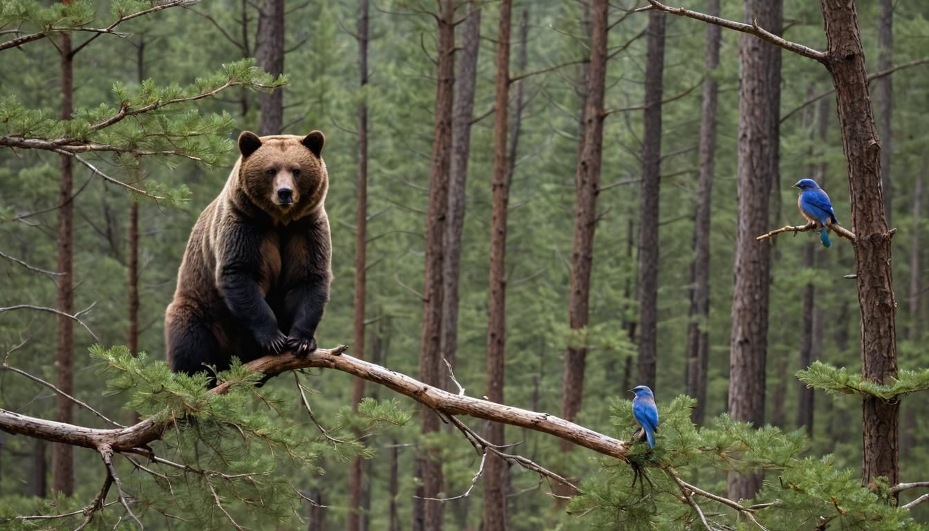 Bluebird and Bear Stare in Mountain Pine Forest