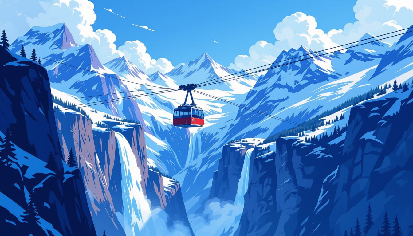 Vintage Cable Car Over Alpine Waterfall