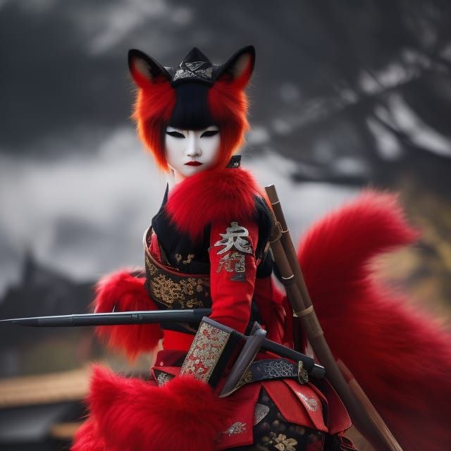 Kitsune Yokai Woman in Japanese Ninja Armor