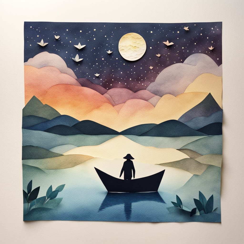 Serene Paper Boat Sailing on Cosmic Lake