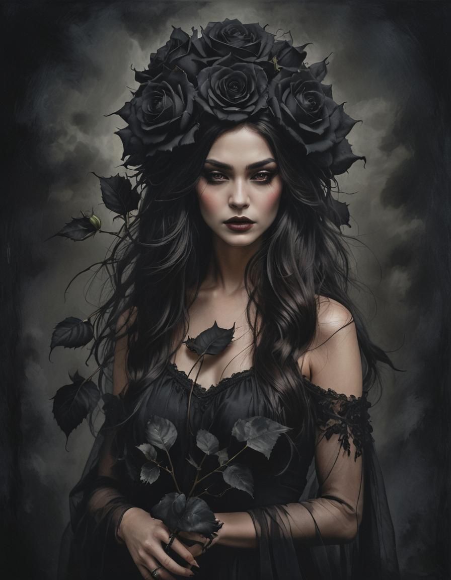 Woman with Black Rose Headdress in Dark Atmosphere