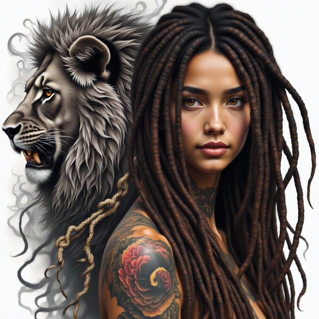 Lion with Dreadlocks and Woman, Detailed Colorful Design