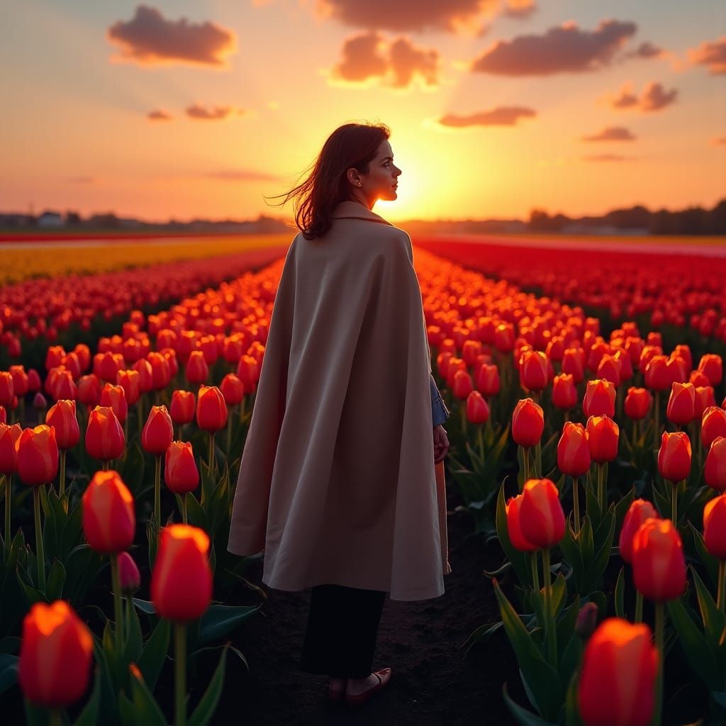 Woman in Tulip Field at Dusk in Expressionist Style