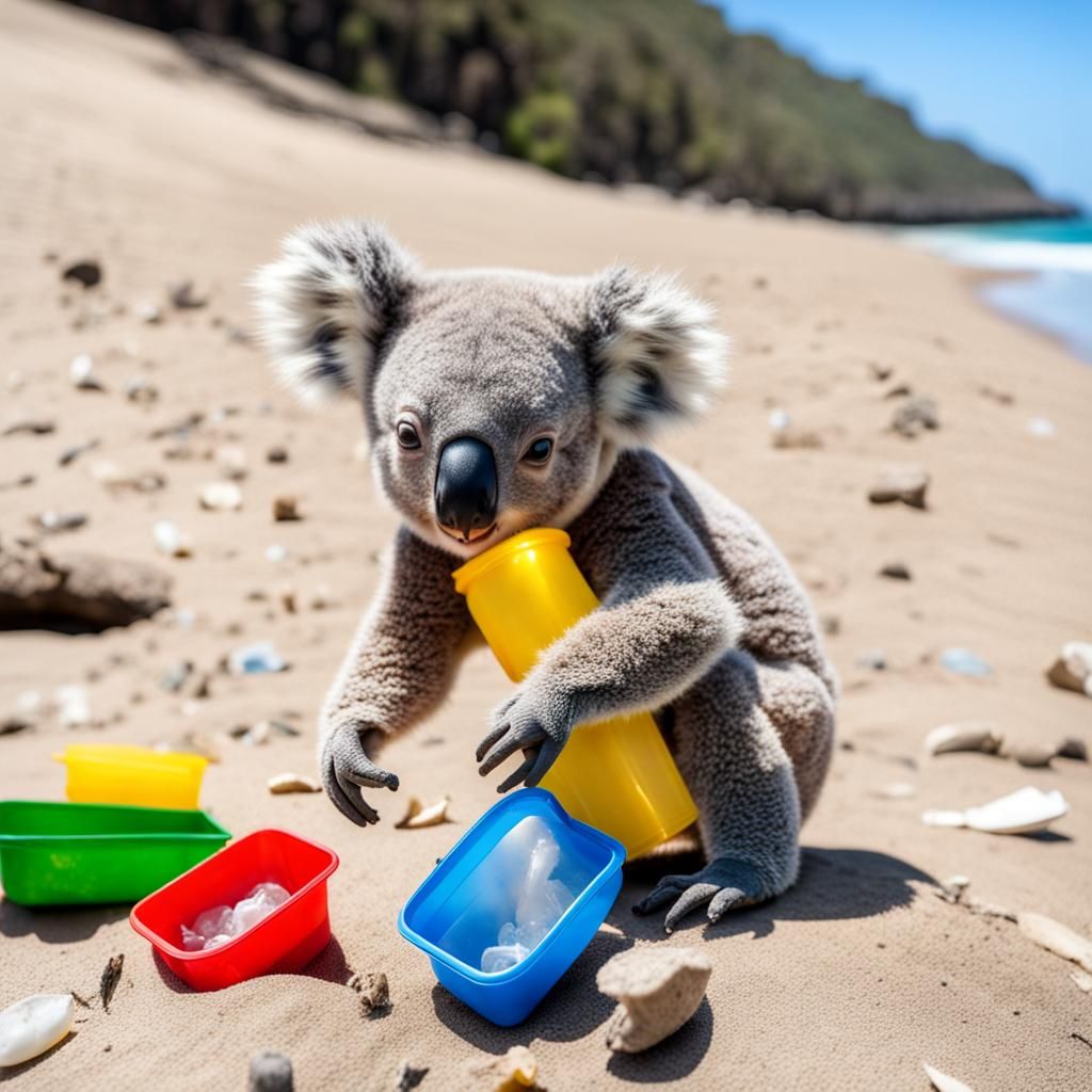 Koalas Cleaning Plastic Waste on Beach
