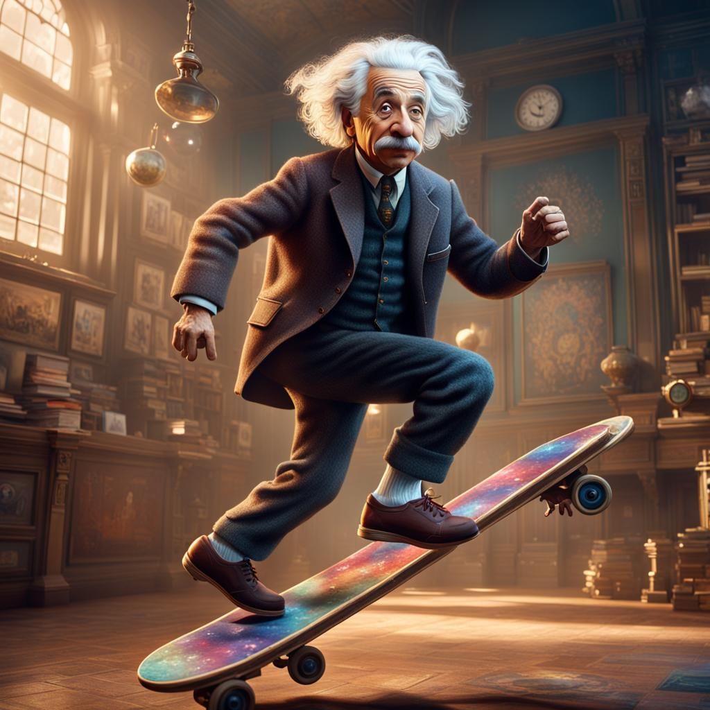 Albert Einstein Kickflip: Detailed Matte Painting