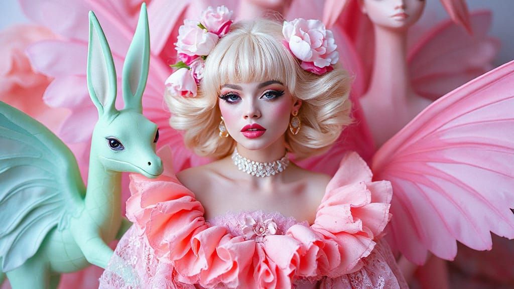 Androgynous Figure in Frilly Attire in Surreal Universe