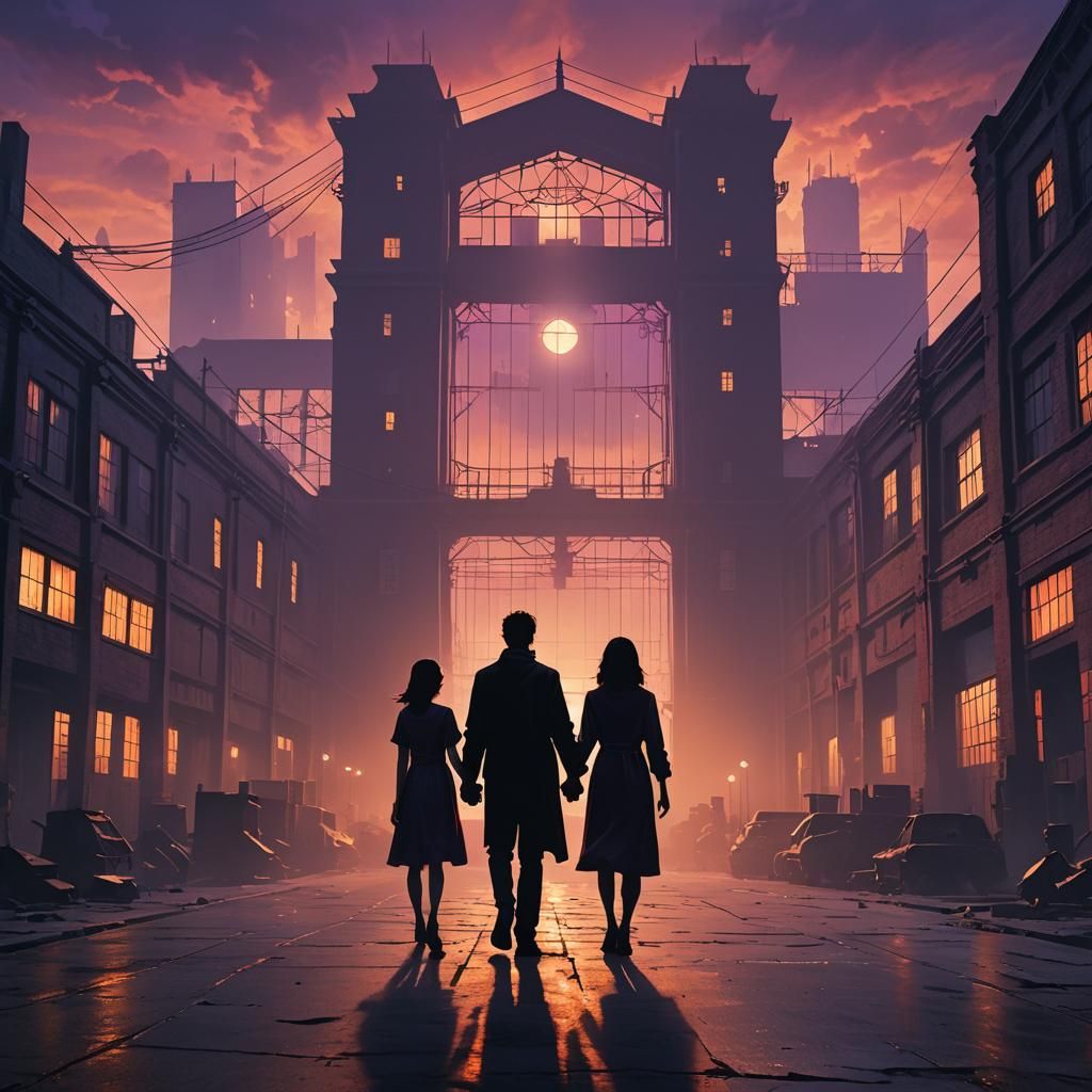 Twilight Silhouette: Father and Daughter in Ominous Setting