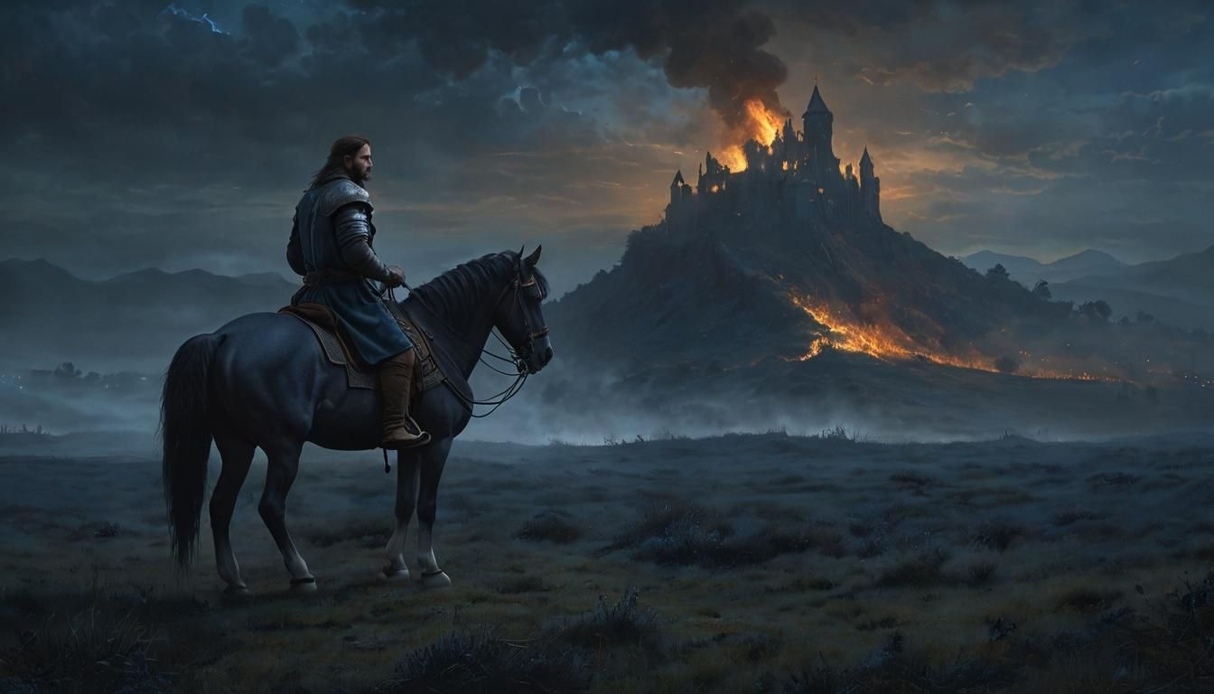 Medieval Man Rides Horse Through Burned Meadow at Night