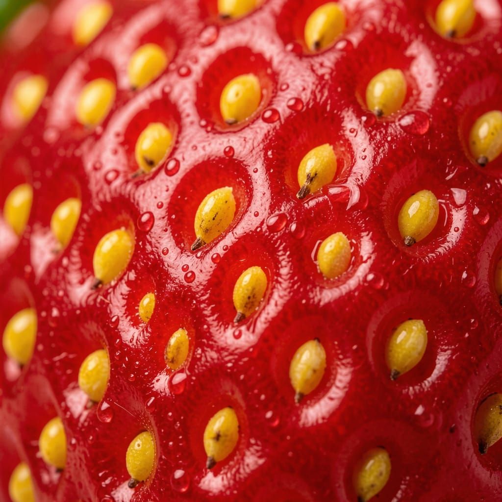 Macro Strawberry Surface with Yellow Nutlets and Waterdrops