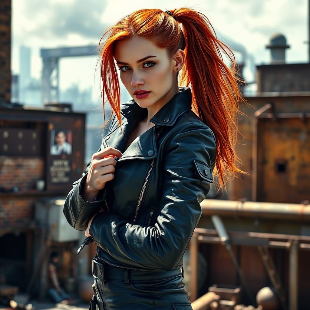 Gritty Industrial Goddess with Red Hair and Green Eyes