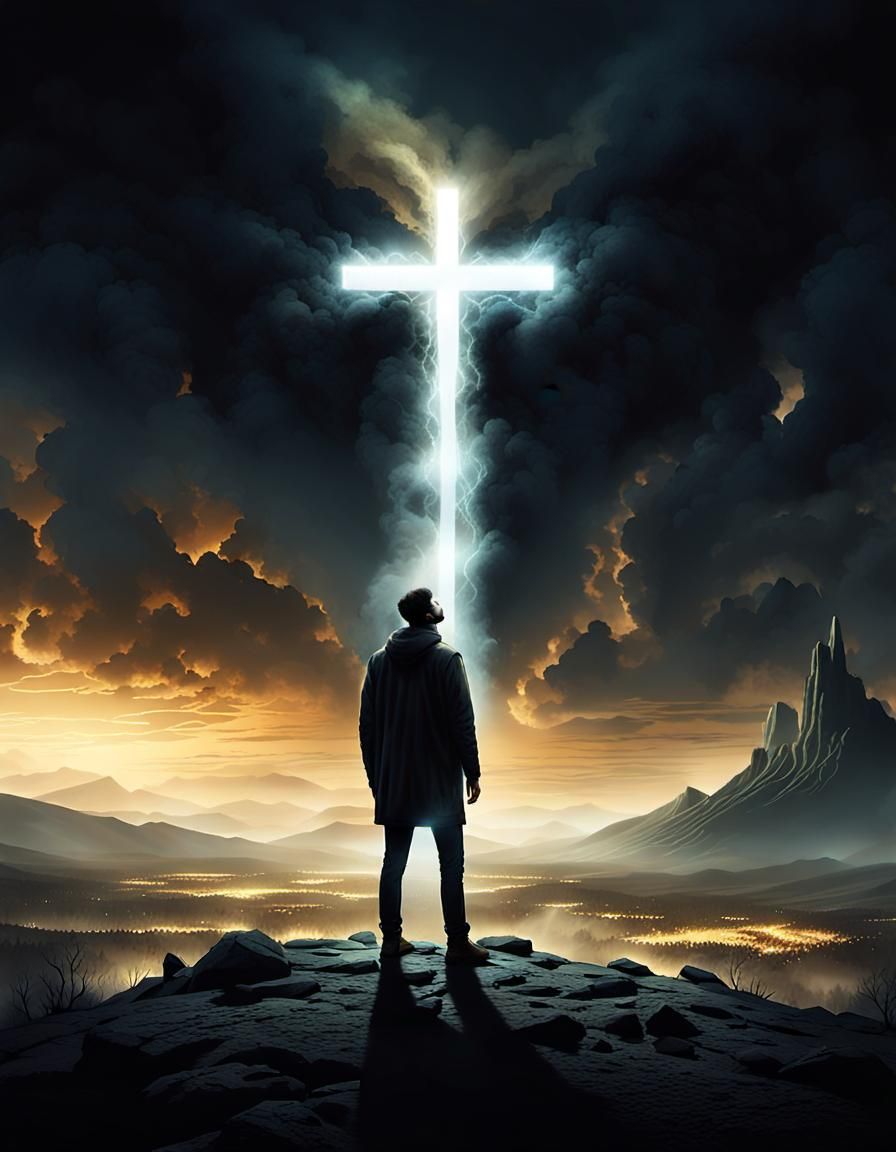 Man Contemplates Glowing Cross in Surreal Landscape