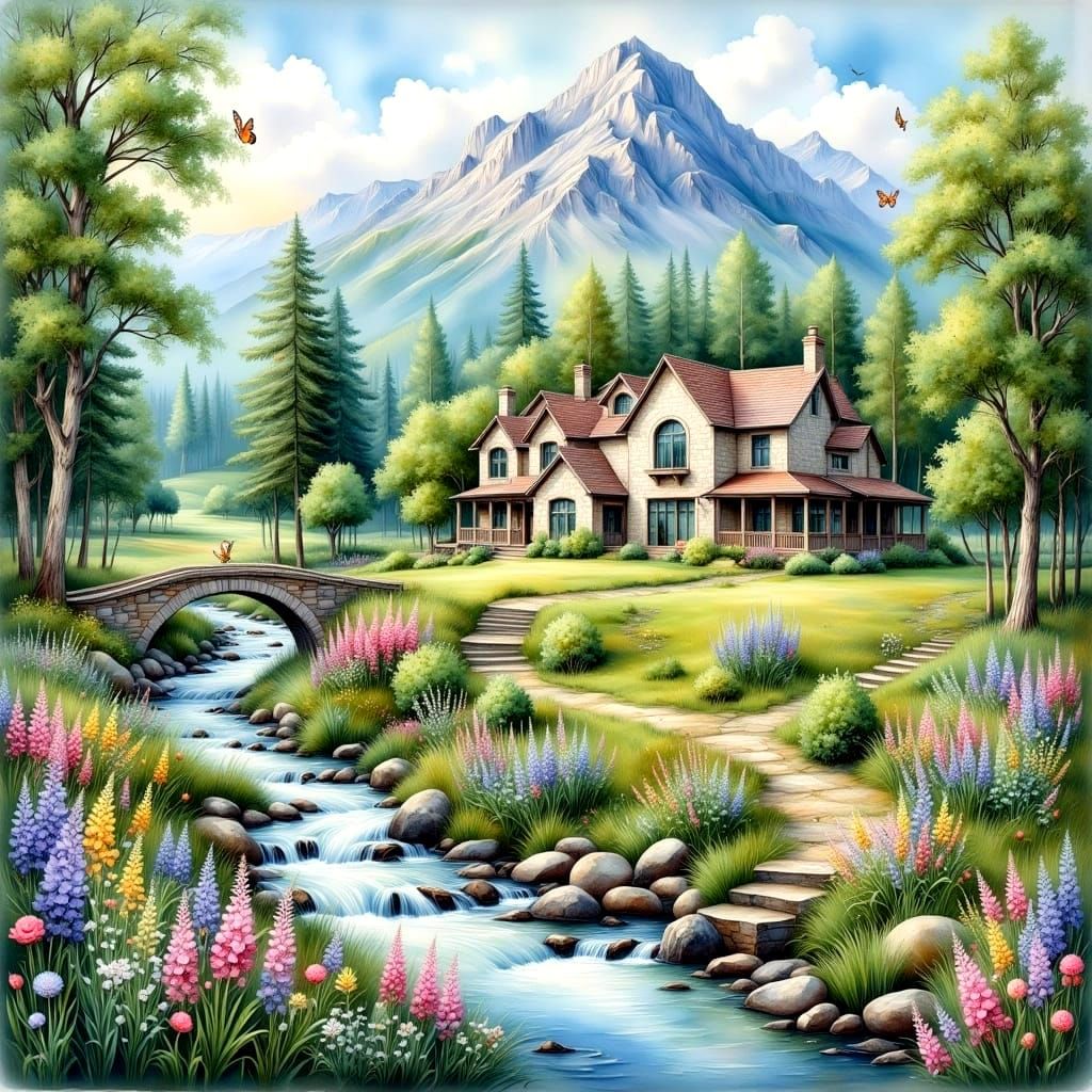 Flower Meadow Fantasy Stone House in Watercolor