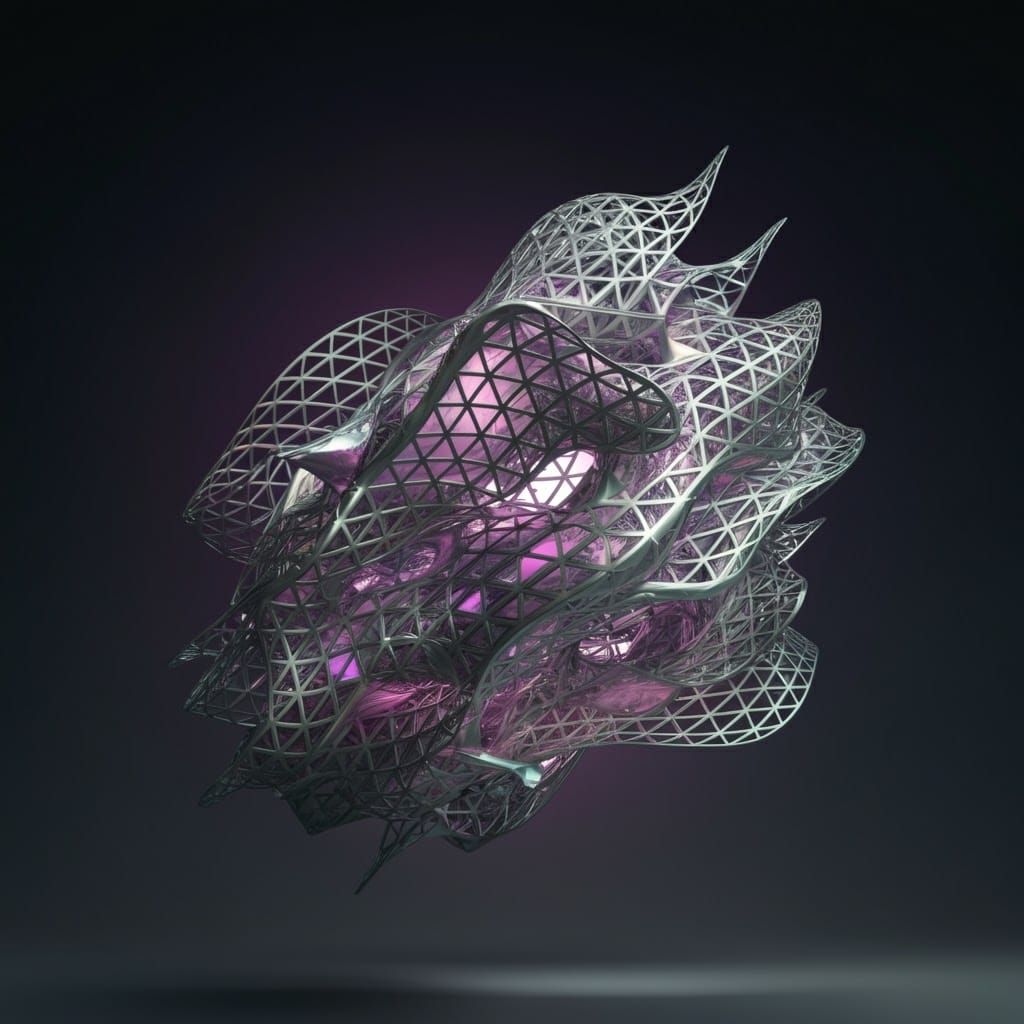 Iridescent Aluminum Lattice Structure in Surreal Landscape