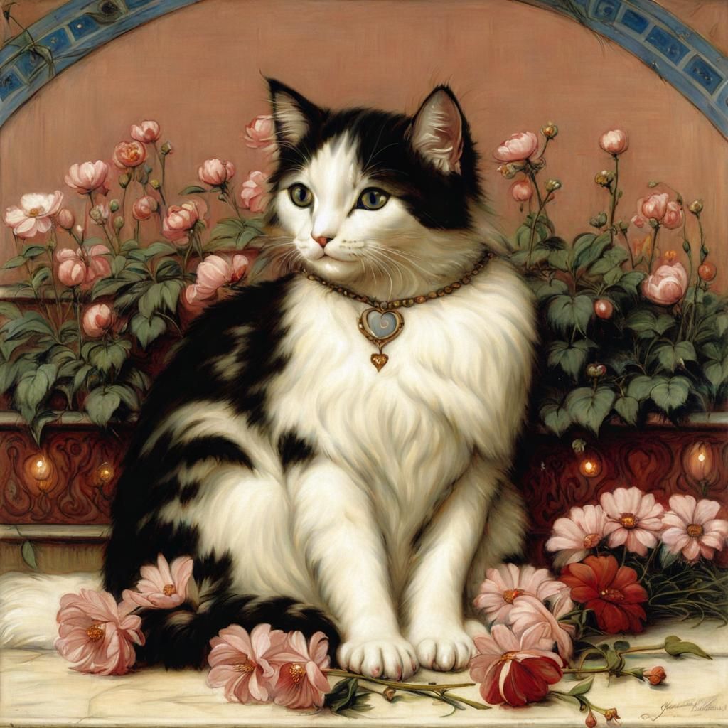 Cute Cat with Flowers in Classical Style