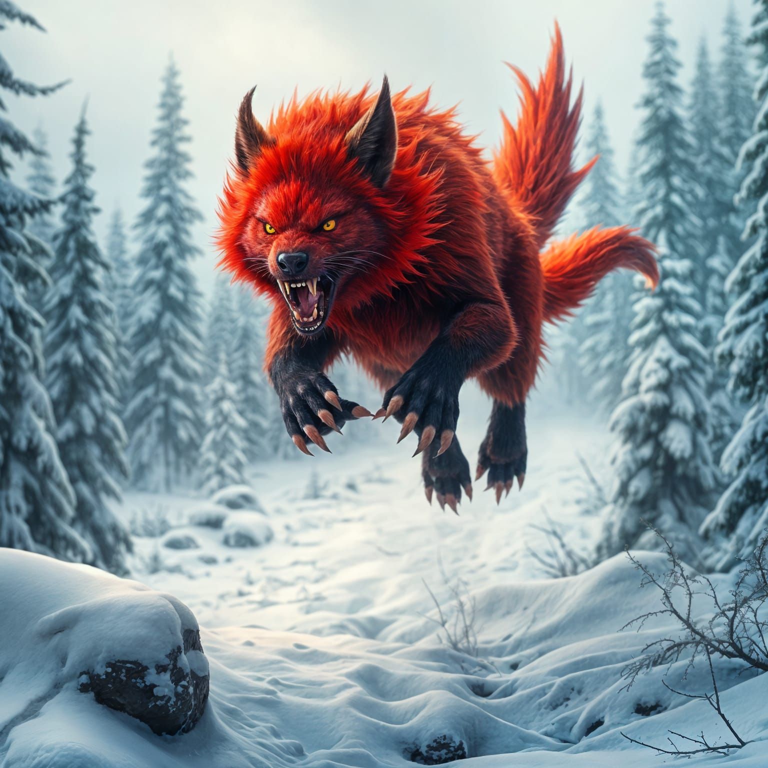 Scarlet Fur Fantasy Mammal Leaping in Snowy Forest