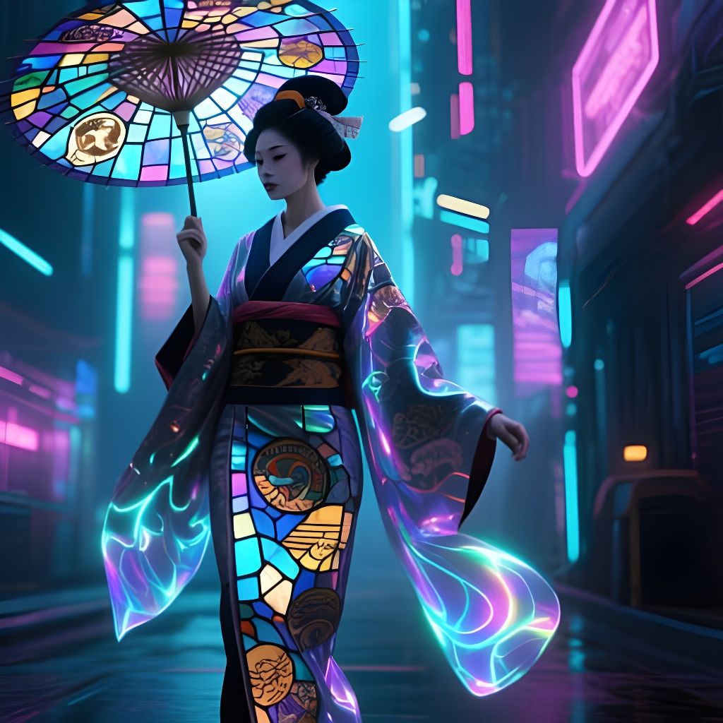 Futuristic Geisha in Neon Cyberpunk City with Stained Glass ...