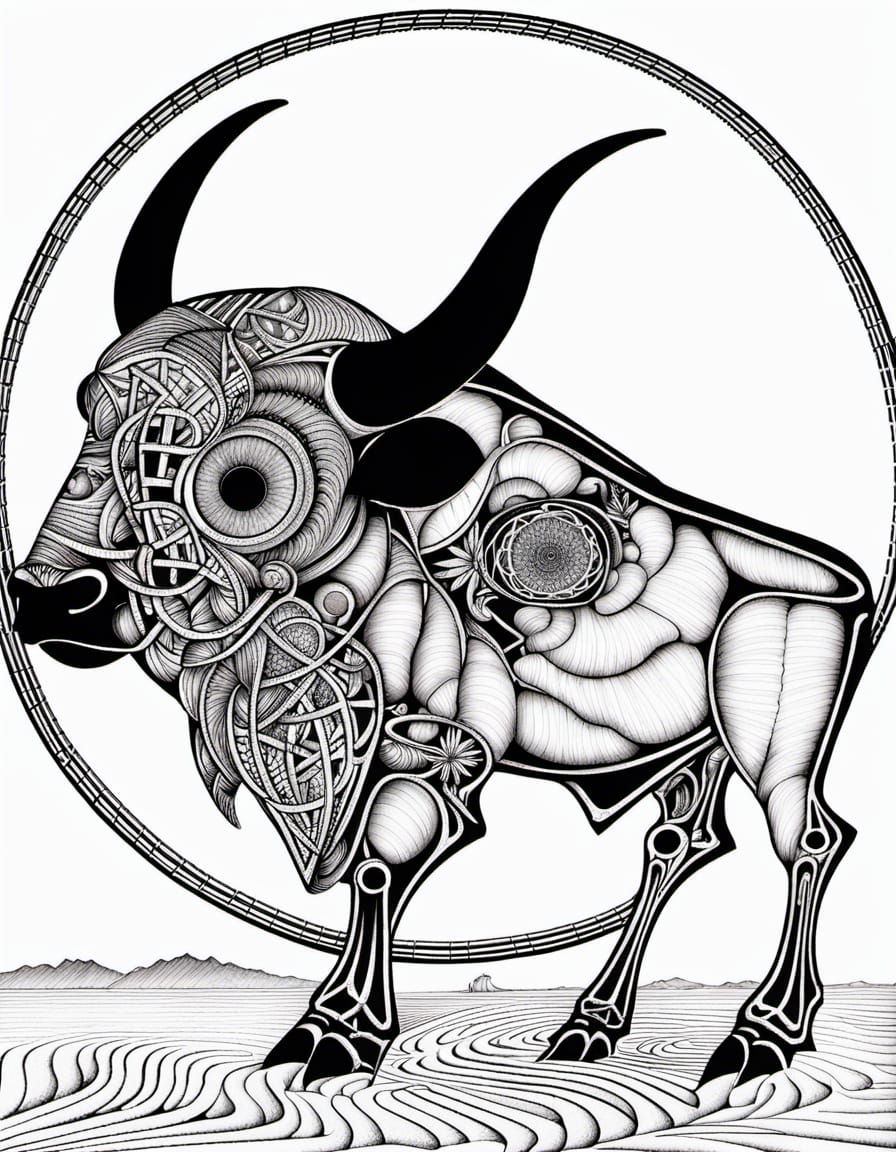 Buffalo in Technical Drawings with Celtic Motifs