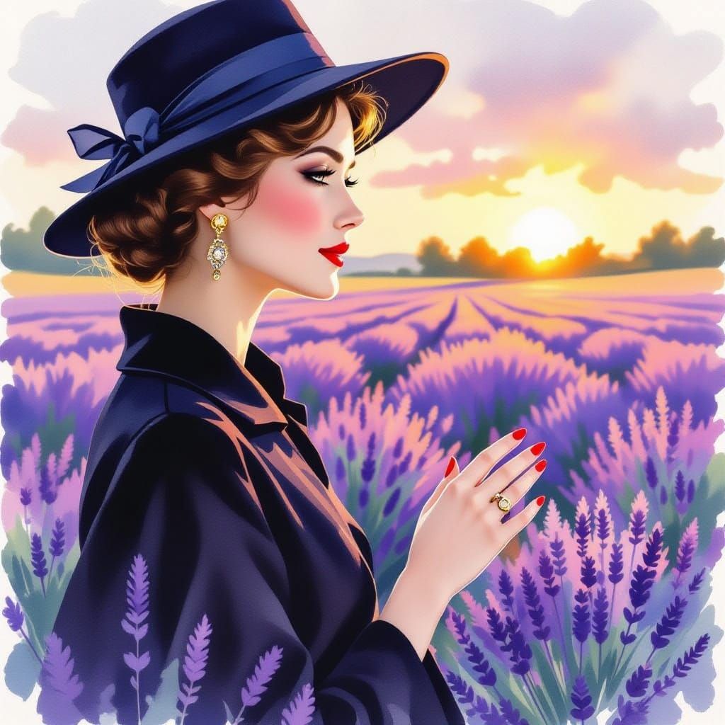 Early 1900s British Beauty in Lavender Field
