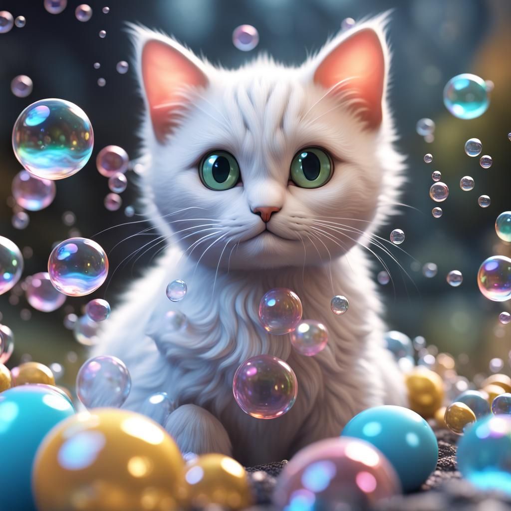 Cute Cat Surrounded by Bubbles in Detailed Matte Painting