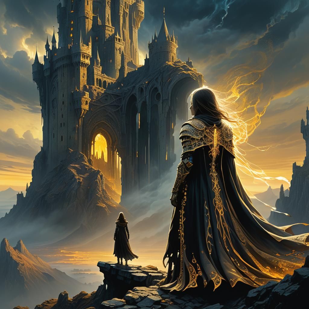 Knight and Sorceress Duel in Beksiński-Inspired Dark Fantasy