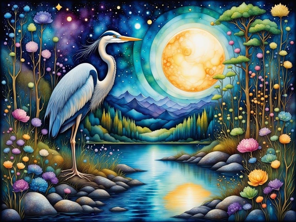 Cosmic Great Blue Heron in Wetland Habitat