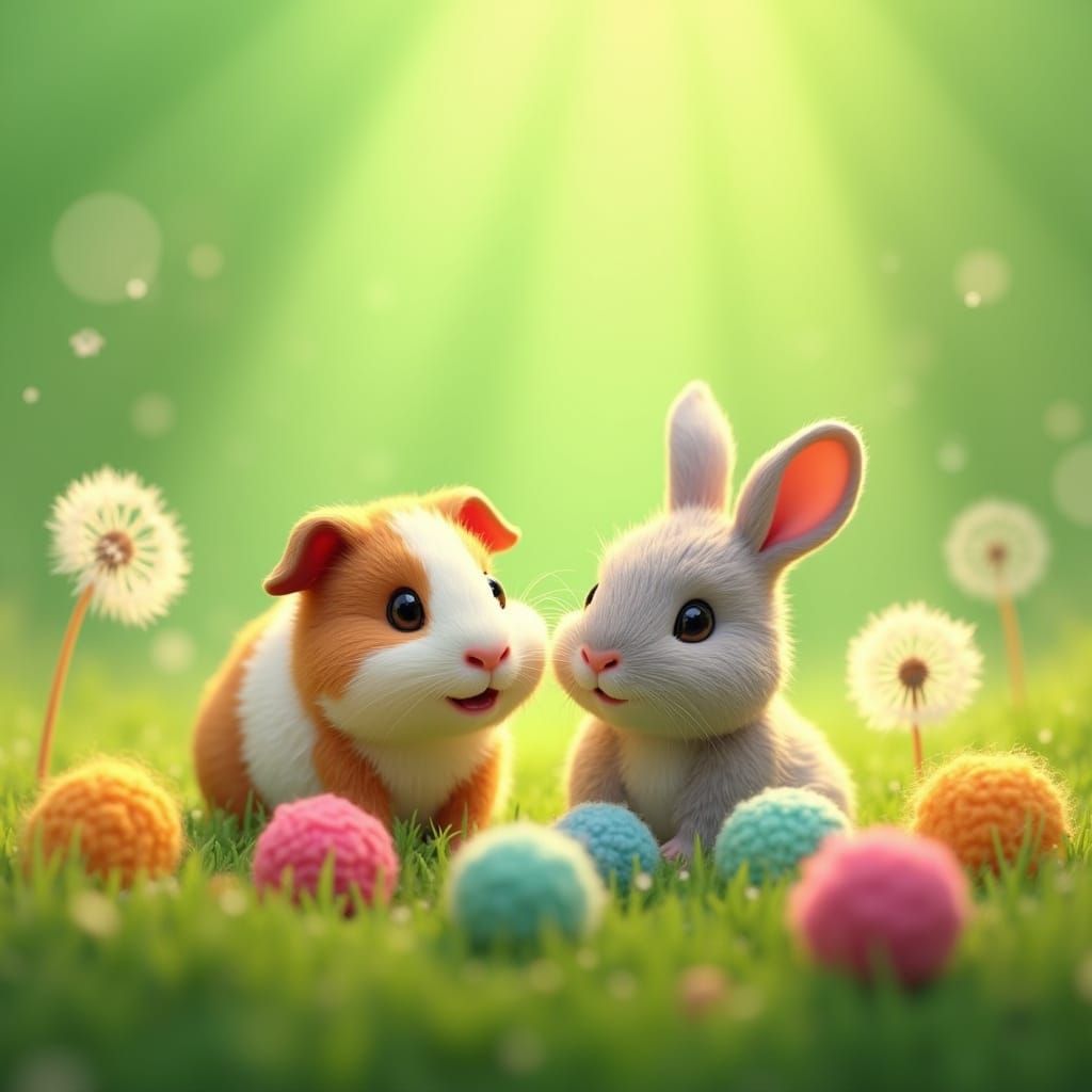 Whimsical Meadow Scene with Guinea Pig and Rabbit