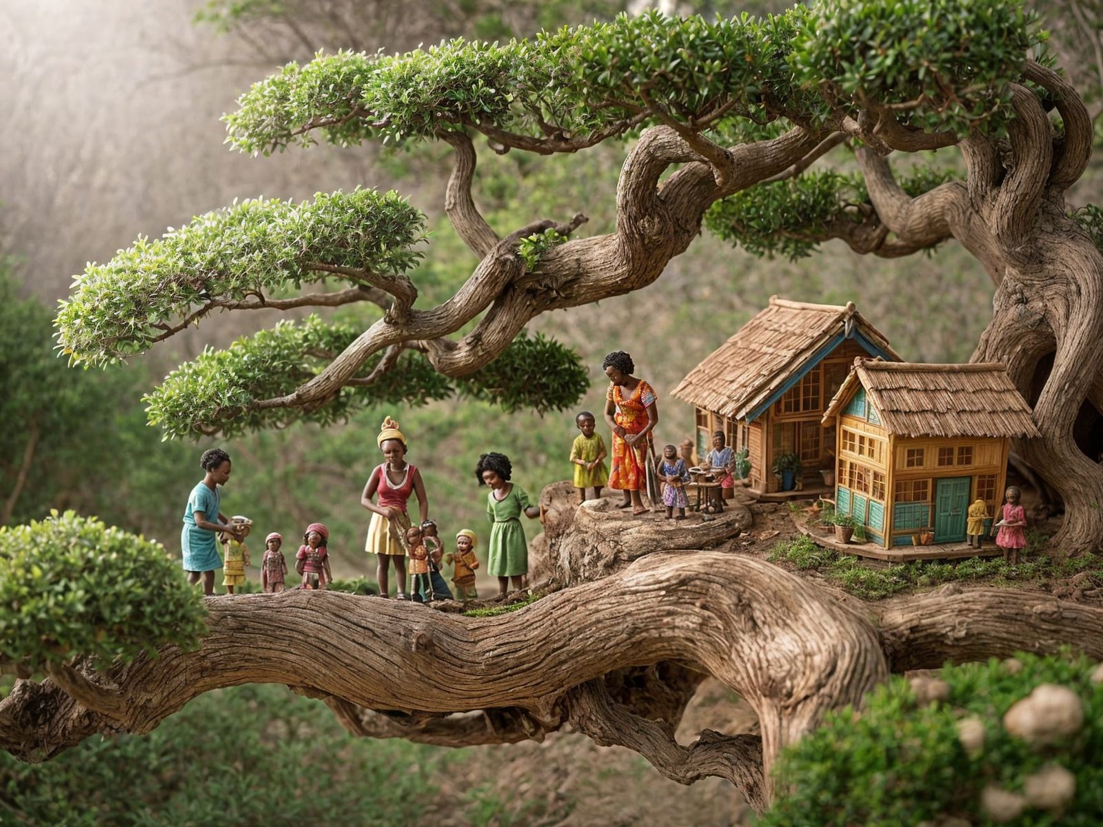 Miniature African Village Under Bonsai Tree