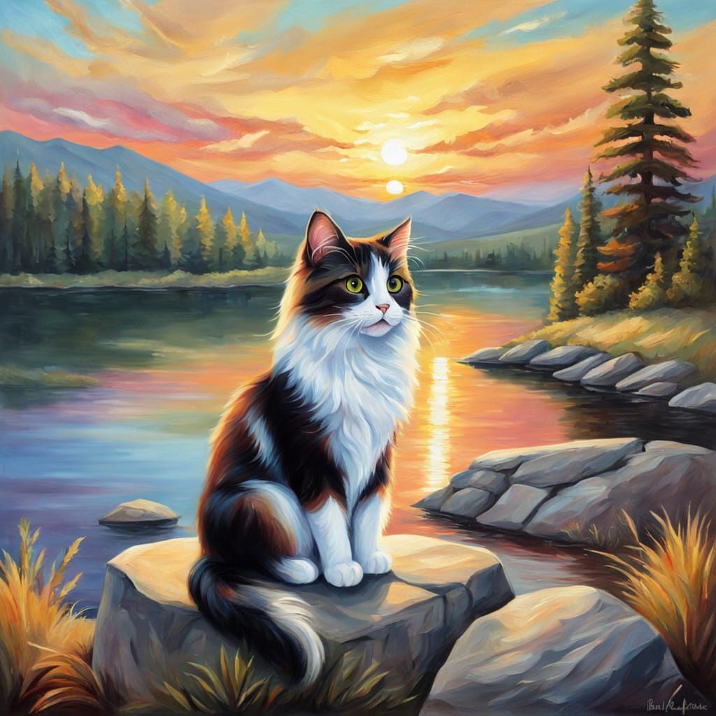 Whimsical Sunset Feline in Oil Painting