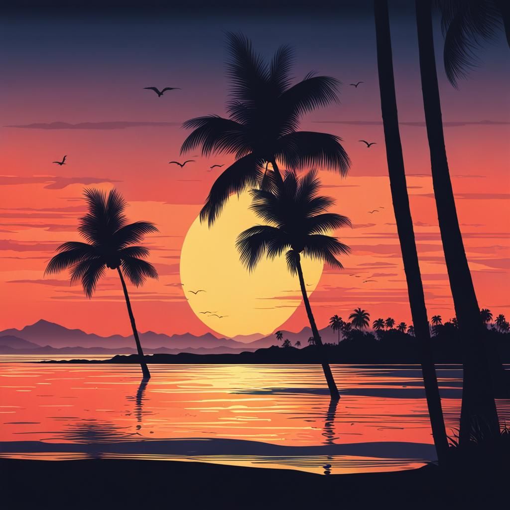 Tropical Beach Sunset with Palm Silhouettes