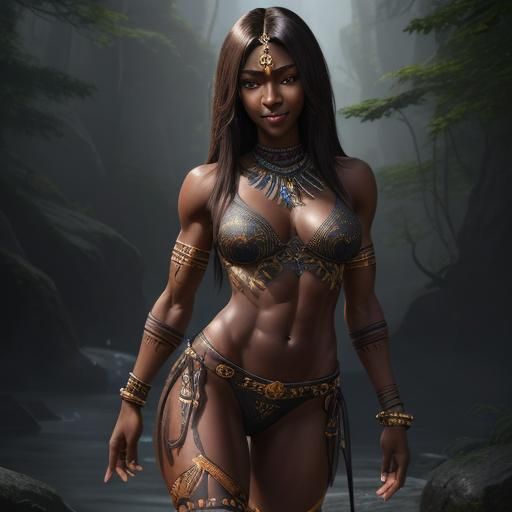 Tribal Girl in Jungle, Detailed Matte Painting