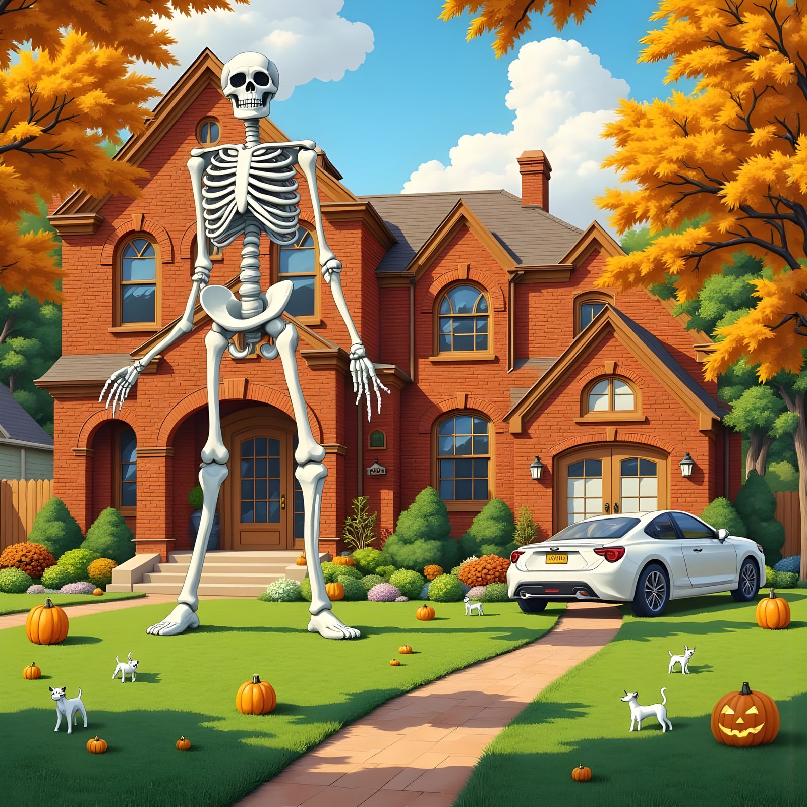Surreal Skeleton Decoration in a Chicago-Style Autumnal Scen...