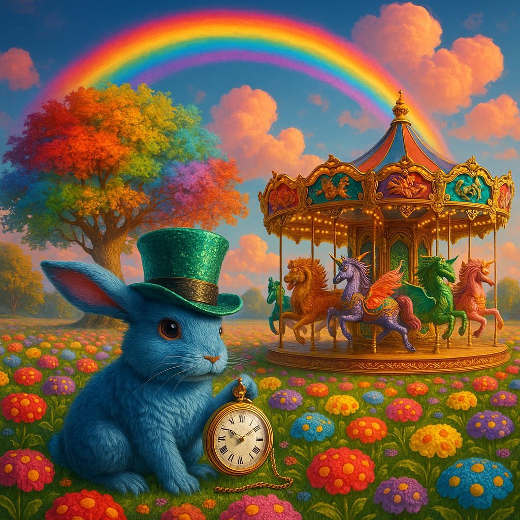 Whimsical CGI Scene: Blue Rabbit in Flower Field