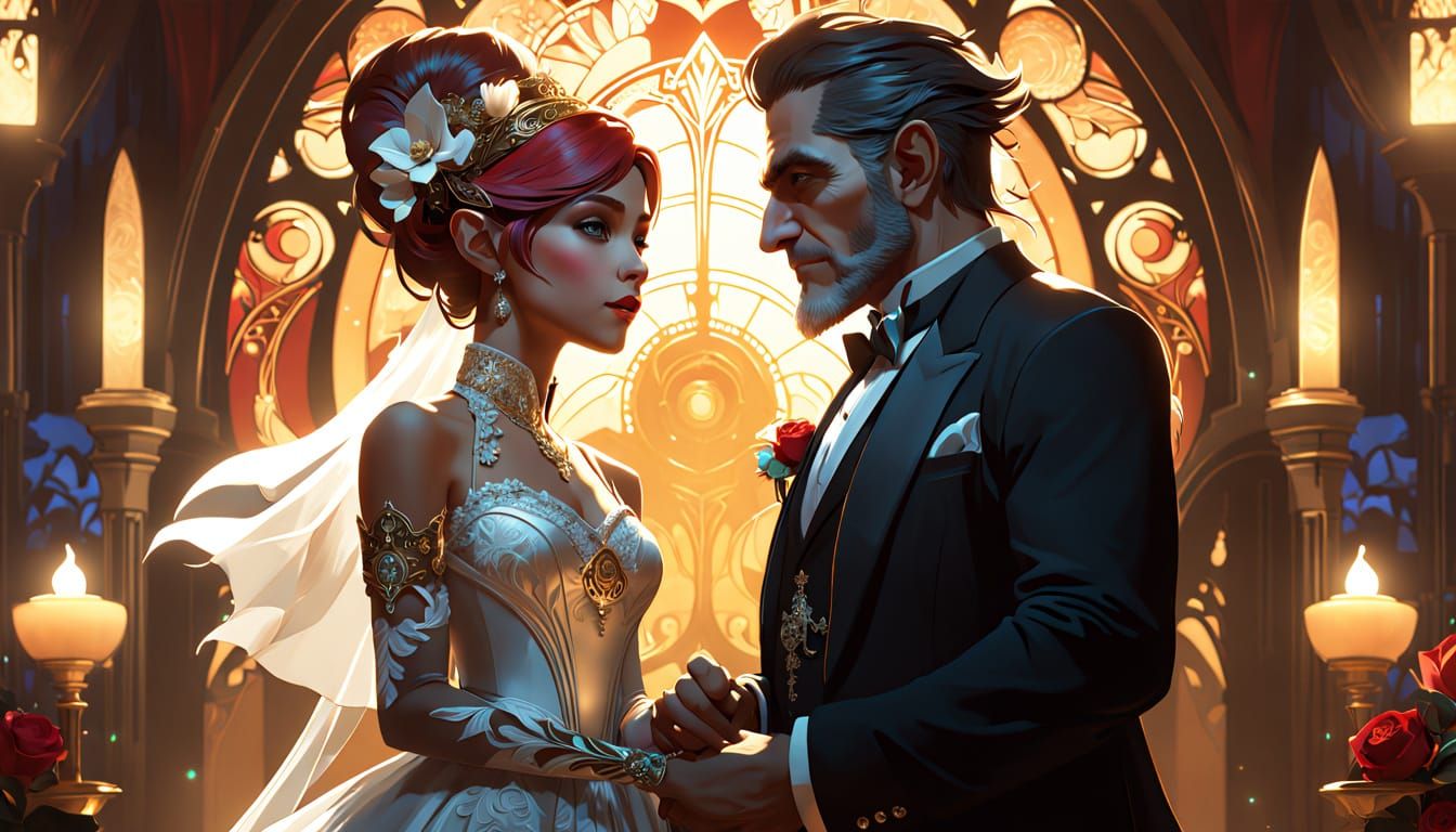 Gnome and Orc Wedding in Dark Fantasy Art Nouveau Style