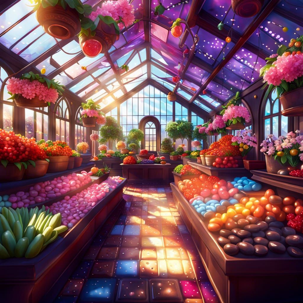 Magical Candy Greenhouse Interior in Photorealistic Style