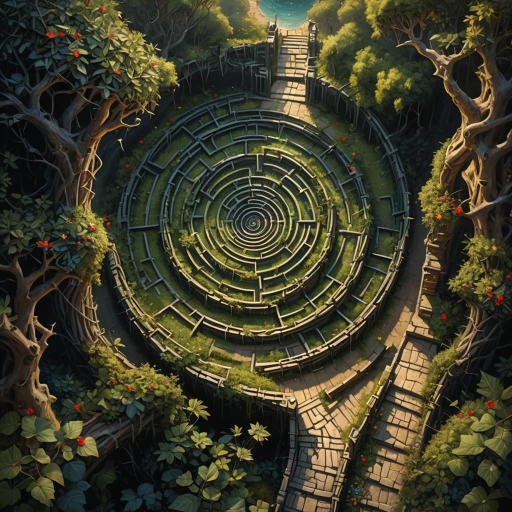 Thorns Labyrinth Blocking Path to Paradise in Oil Painting